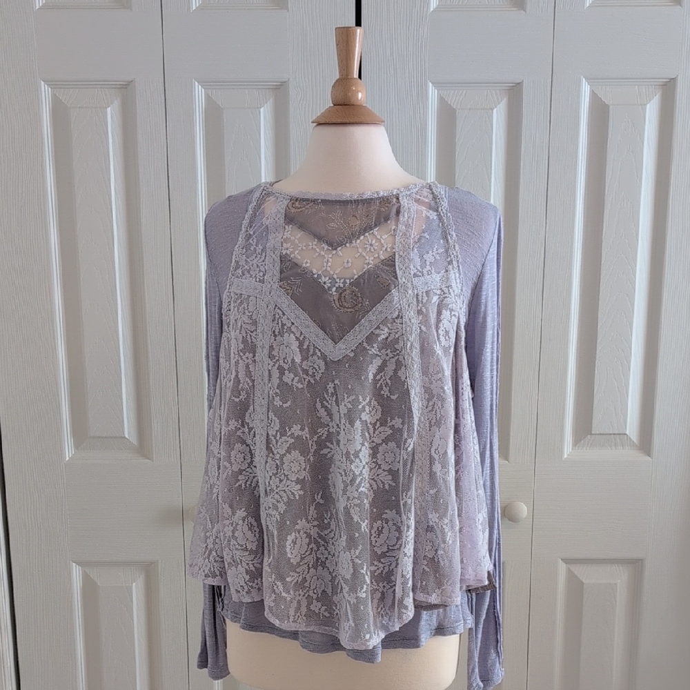 Free People Lace Overlay Blouse in Light Purple